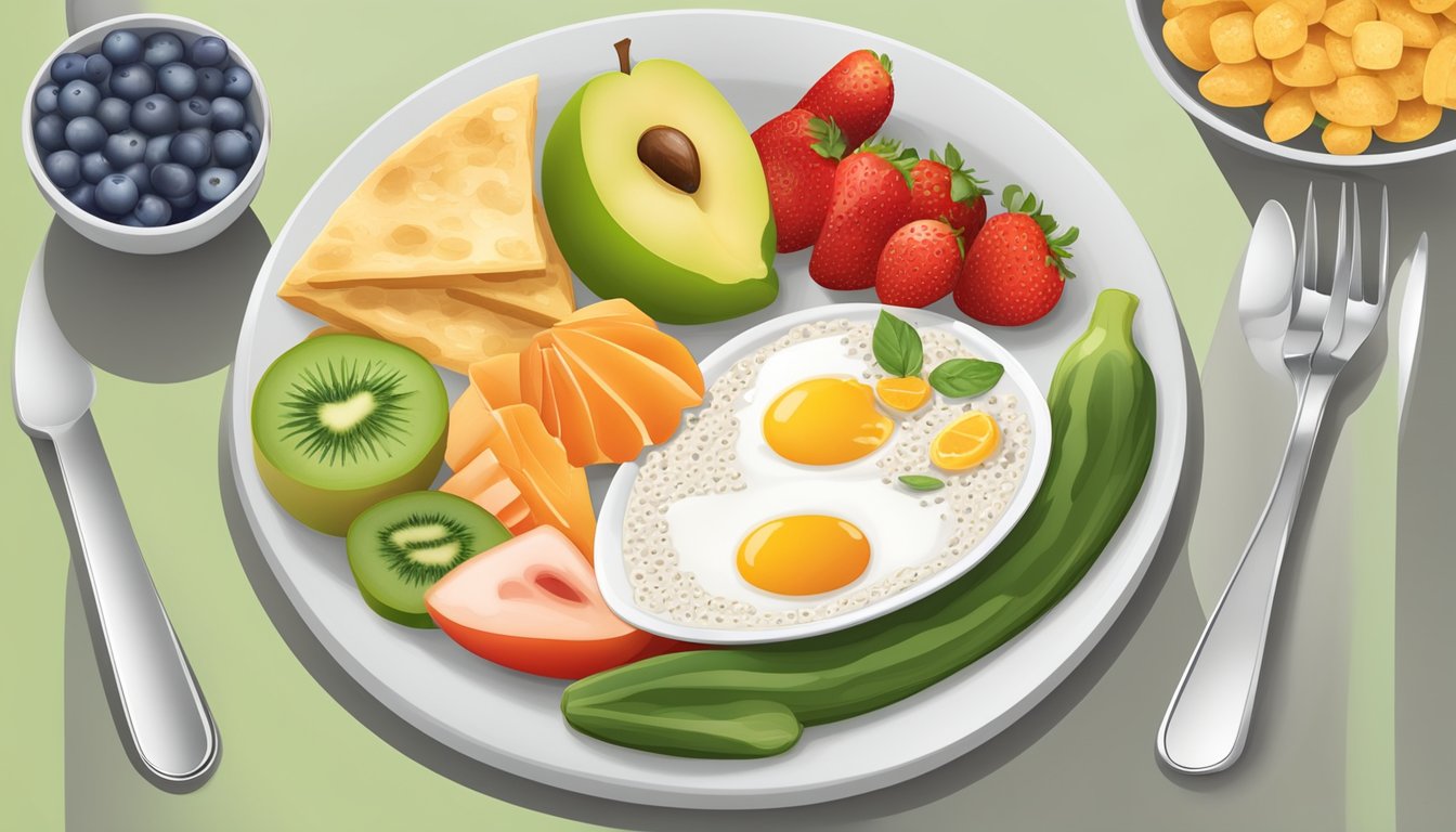 A breakfast plate with a balanced distribution of food groups, including protein, whole grains, and fruits or vegetables, with portion sizes reflecting the recommended calorie intake for breakfast