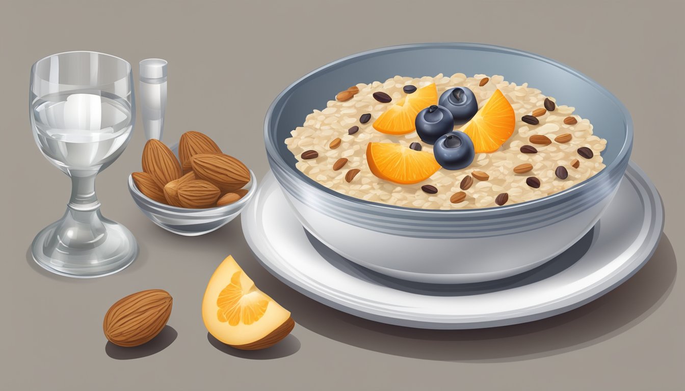 A table set with a bowl of oatmeal, a plate of fresh fruit, a glass of water, and a side of nuts and seeds