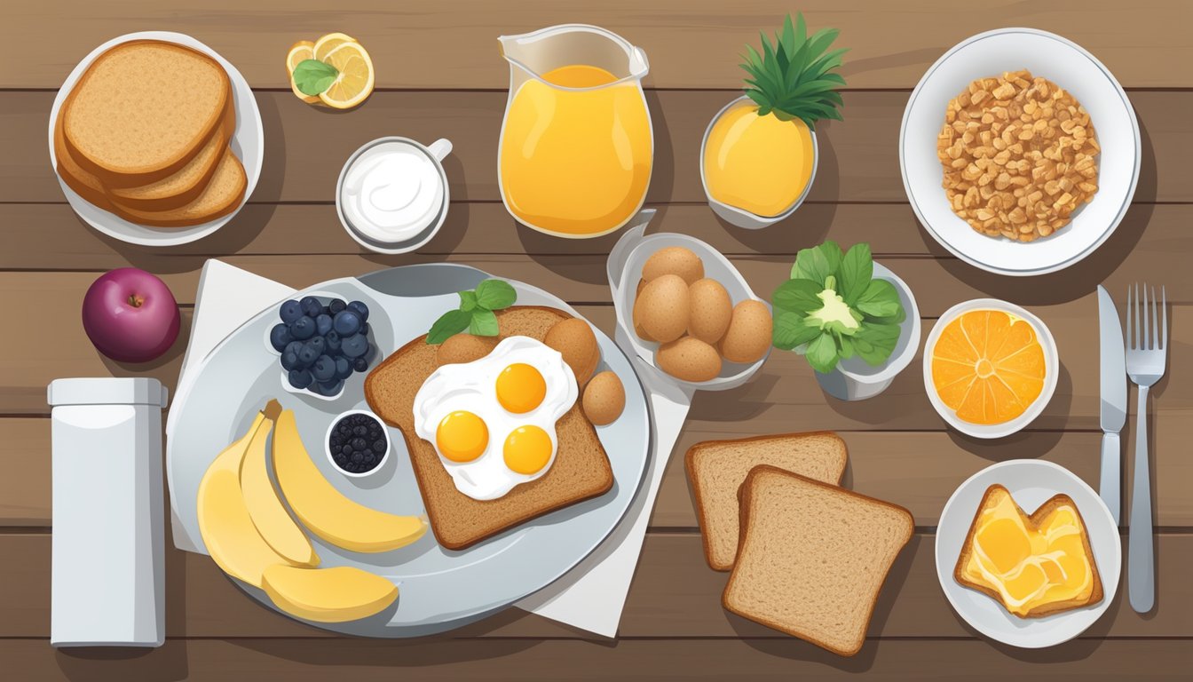 A breakfast table with a variety of foods, including fruits, yogurt, eggs, and whole grain toast. A nutrition label showing the recommended calorie intake for breakfast