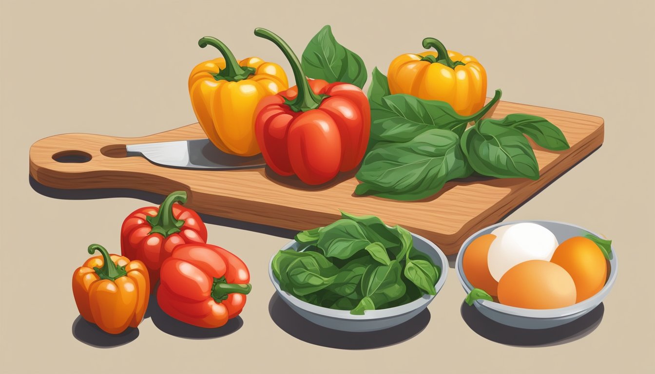 Fresh eggs, colorful bell peppers, ripe tomatoes, and leafy spinach arranged on a wooden cutting board next to a whisk and a bowl