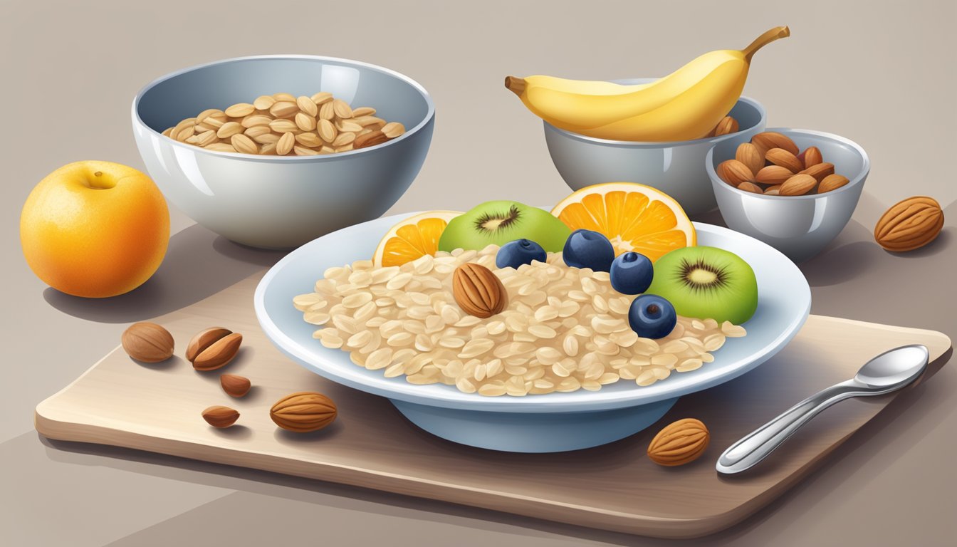 A table set with a bowl of oatmeal, a plate of fruit, a glass of water, and a measuring cup of nuts