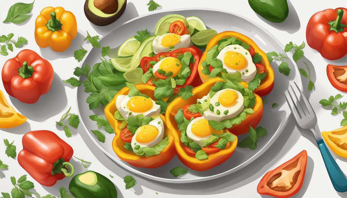 Scrambled eggs served in a colorful array of hollowed-out bell peppers, garnished with fresh herbs and surrounded by slices of avocado and tomato