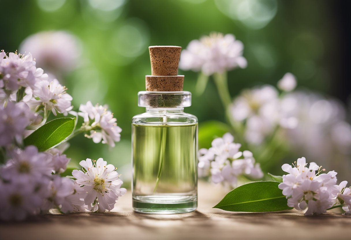 A glass bottle of facial essence surrounded by blooming flowers and delicate leaves