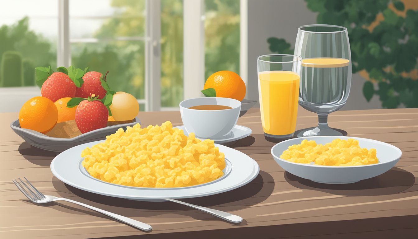 A plate of scrambled eggs sits next to a bowl of fresh fruit, a glass of orange juice, and a whole grain toast on a table