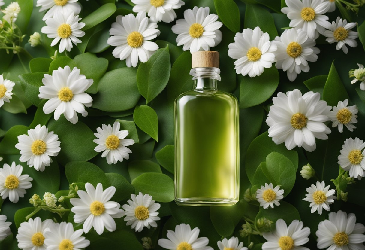 A glass bottle of facial essence surrounded by blooming flowers and fresh leaves