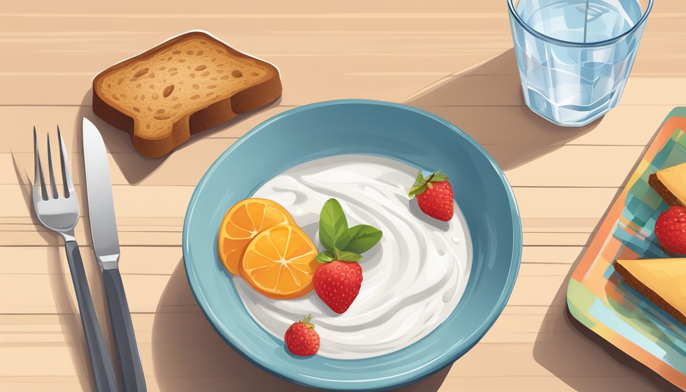 A table set with a bowl of fresh fruit, whole grain toast, yogurt, and a glass of water, with a measuring tape nearby