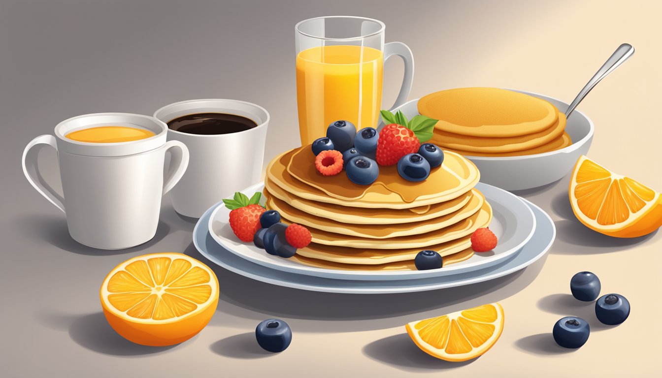 A plate of golden pancakes topped with fresh berries and a drizzle of maple syrup, surrounded by a glass of orange juice and a cup of coffee