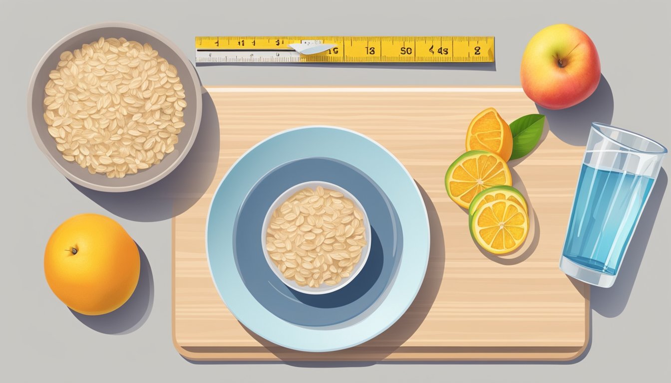 A table with a bowl of oatmeal, a plate of fruit, and a glass of water, surrounded by a measuring tape and a scale