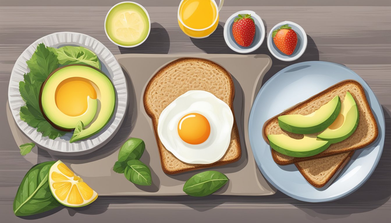 A plate with a balanced breakfast including eggs, avocado, whole grain toast, and fruit