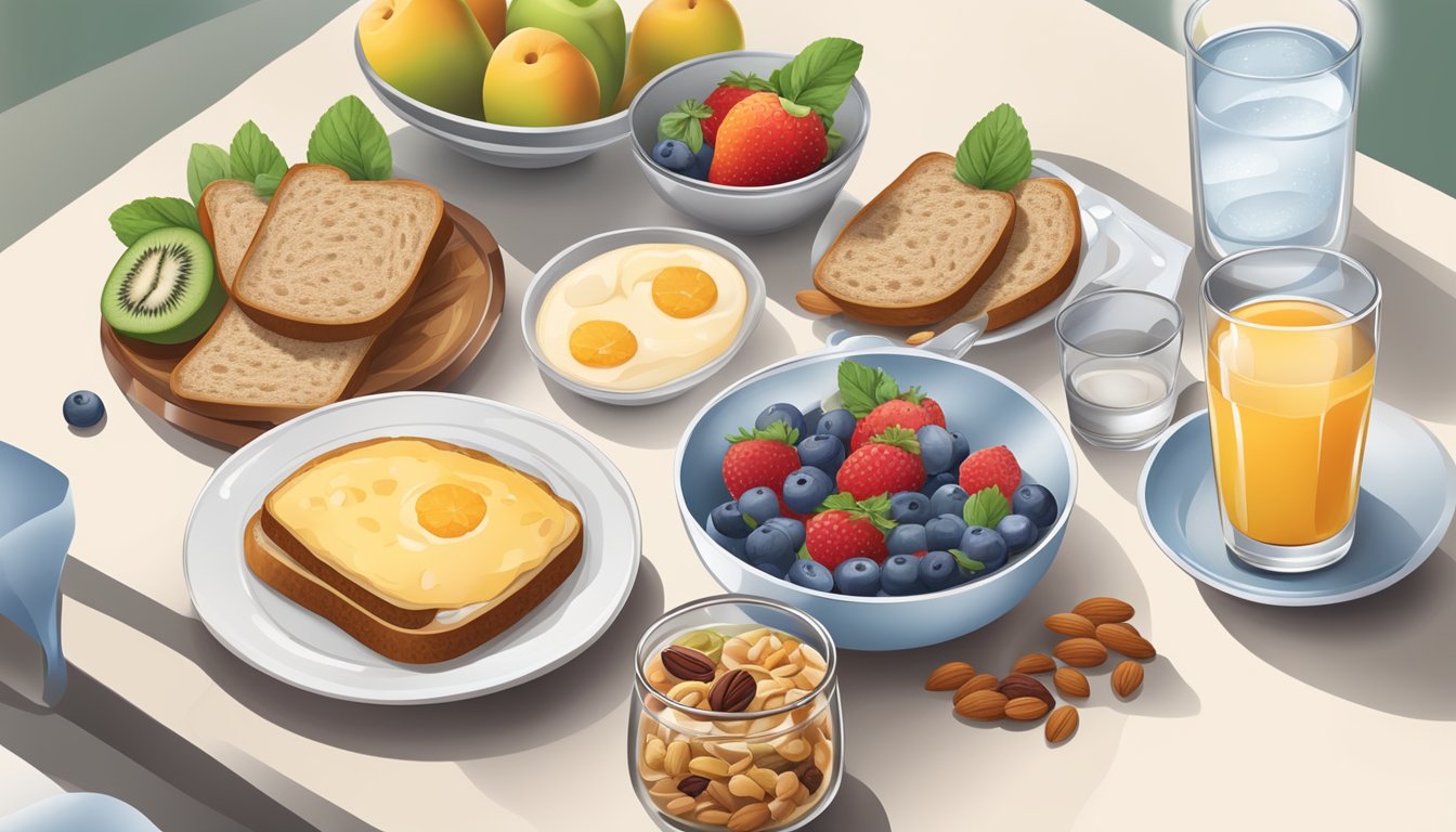 A table set with a variety of healthy breakfast options, such as fruits, yogurt, whole grain toast, and nuts, with a glass of water or herbal tea