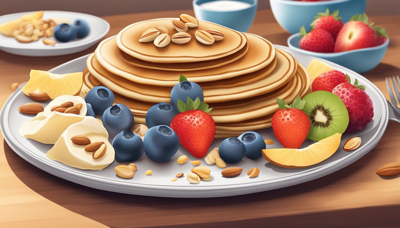 A plate of pancakes surrounded by fresh fruit, yogurt, and nuts on a table