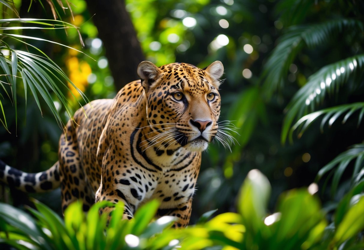 Um majestoso jaguar perambula por uma selva exuberante, seu pelo lustroso brilhando na luz do sol filtrada enquanto observa seu território com olhos âmbar penetrantes.