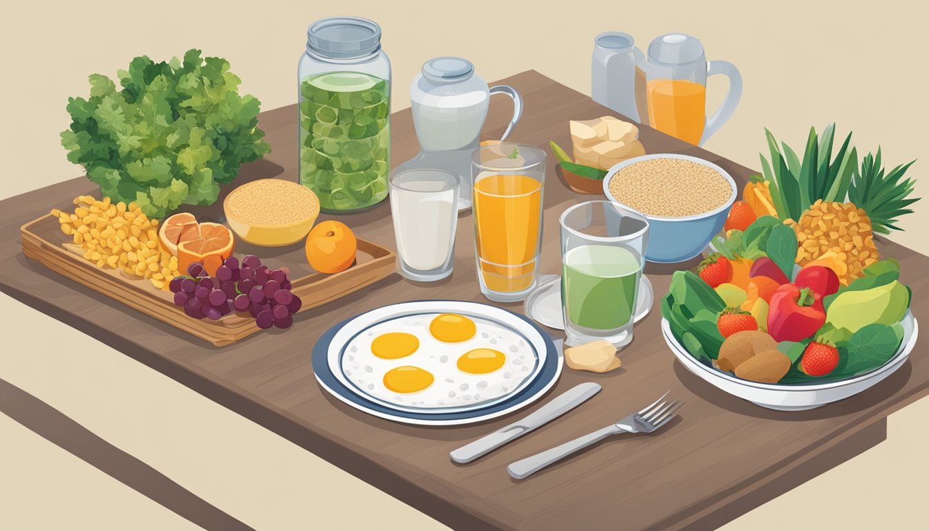 A table set with a balanced breakfast of fruits, vegetables, and whole grains, with a glass of water, representing dietary considerations for weight loss