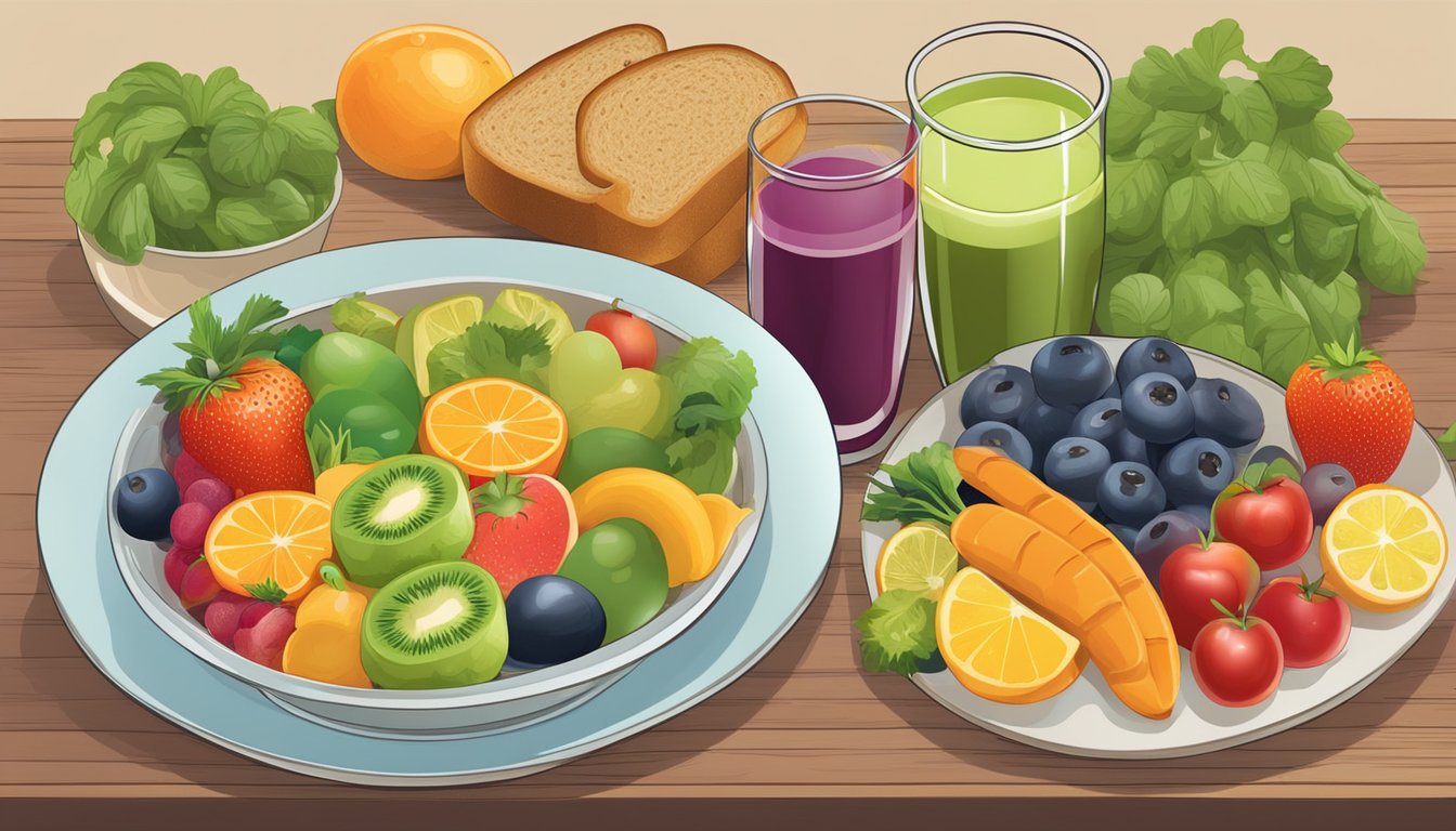 A bowl of mixed fruits and vegetables on a table, with a glass of fresh juice and a plate of whole grain toast