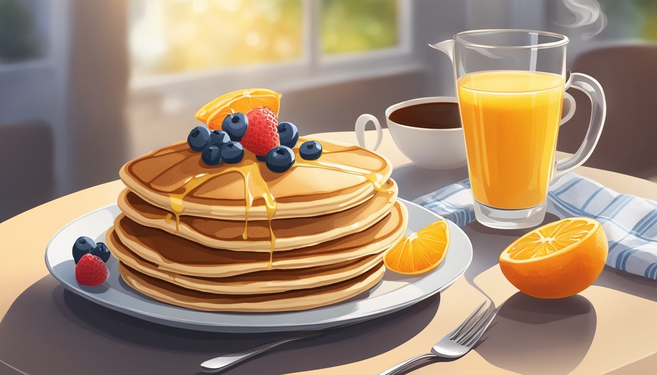 A plate of fluffy pancakes topped with fresh fruit and a drizzle of honey sits next to a glass of orange juice and a steaming cup of coffee on a sunny breakfast table