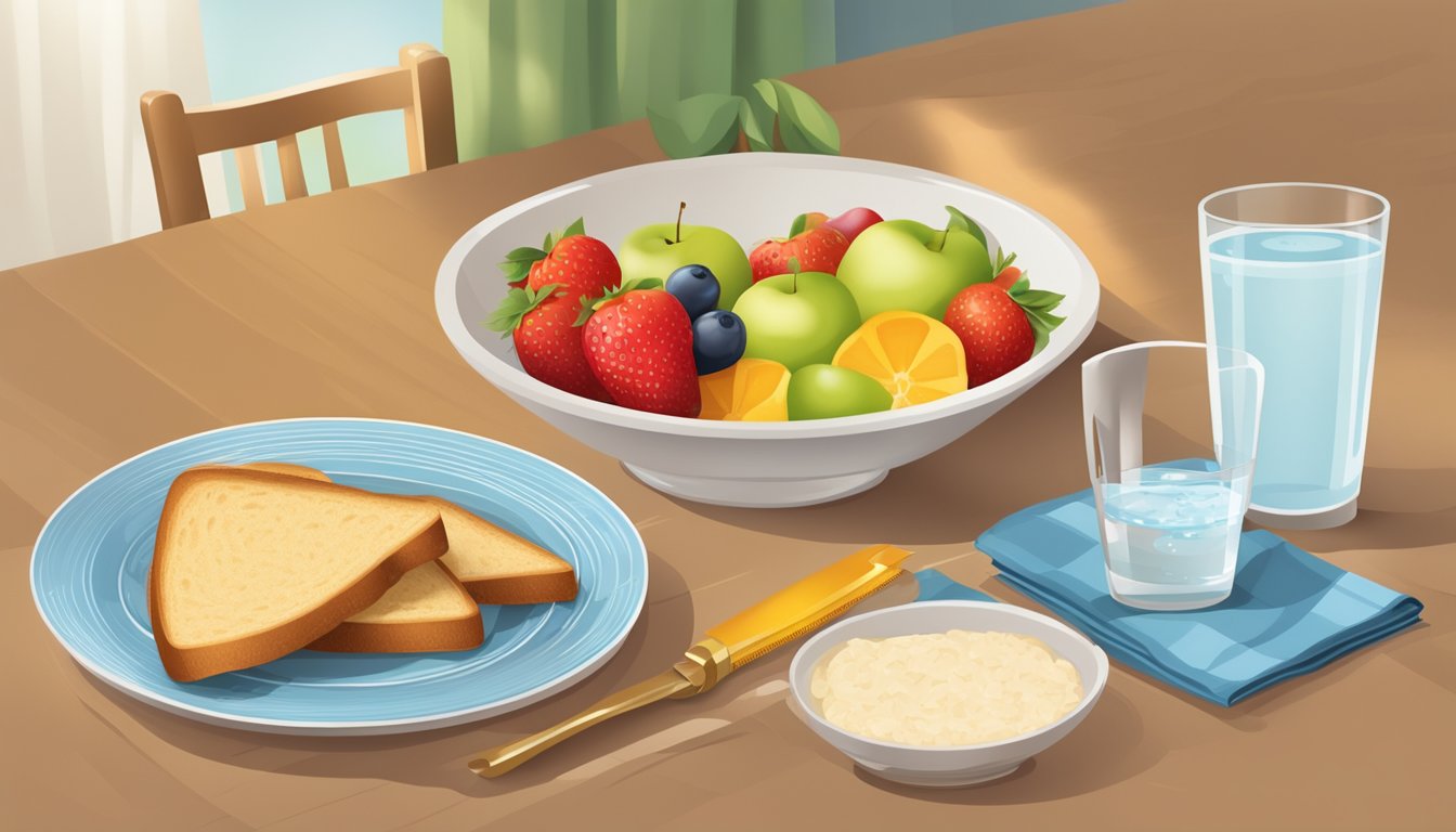 A table set with a bowl of fresh fruit, a plate of whole grain toast, a glass of water, and a measuring tape