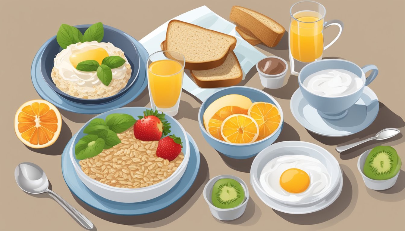 A table set with a variety of healthy breakfast options, such as fruits, yogurt, oatmeal, and whole grain toast, with a glass of water or herbal tea