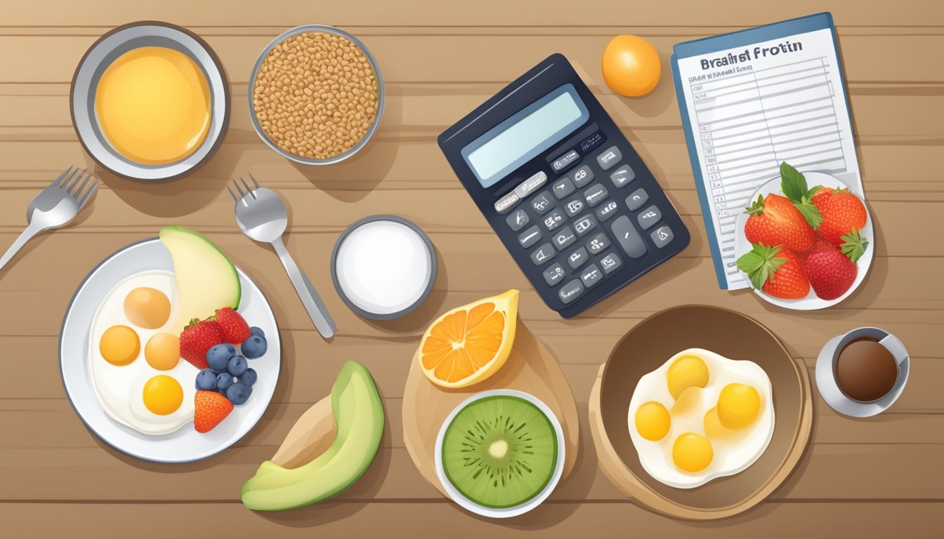 A table set with a balanced breakfast of fruits, grains, and protein, with a calculator and nutrition guide nearby