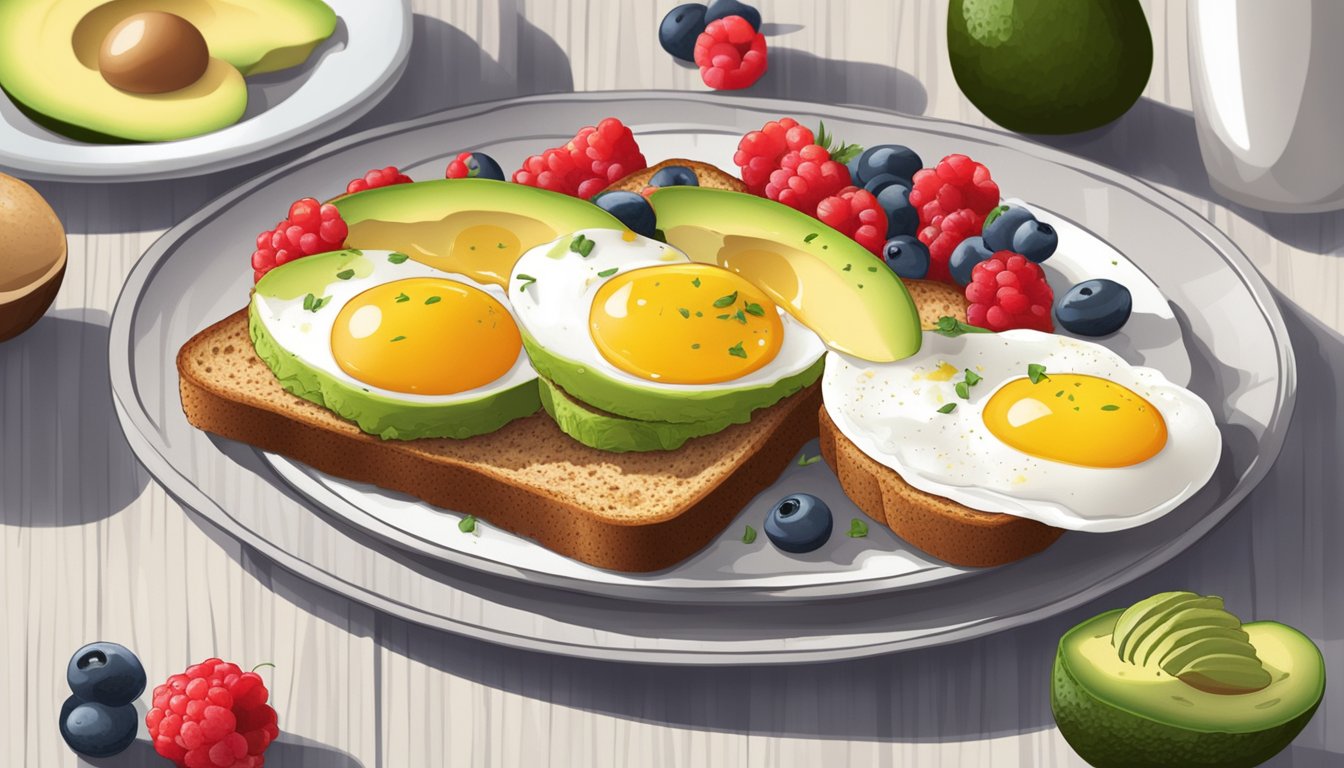 A plate with whole grain toast, avocado, eggs, and berries