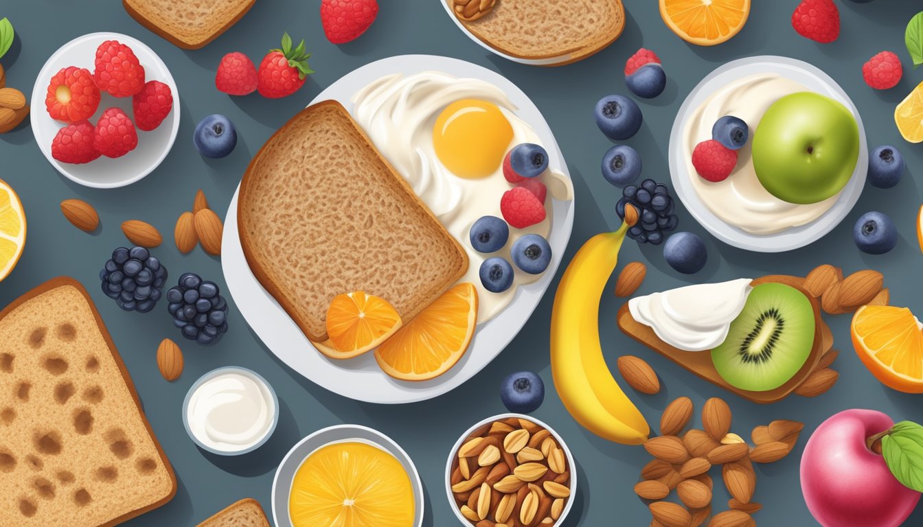 A table set with a colorful array of fruits, whole grain toast, yogurt, and nuts for a healthier breakfast option