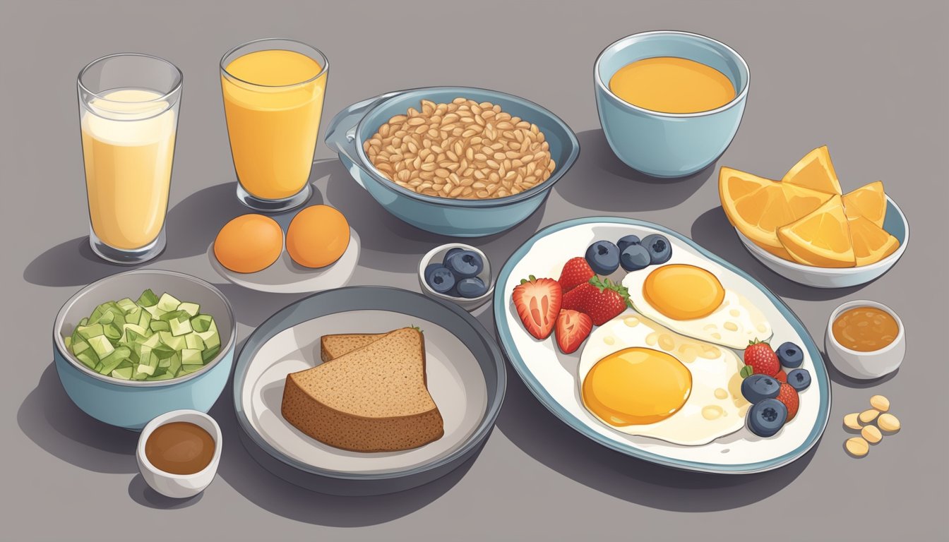 A balanced breakfast plate with portions of protein, healthy fats, and whole grains, totaling around 400-500 calories