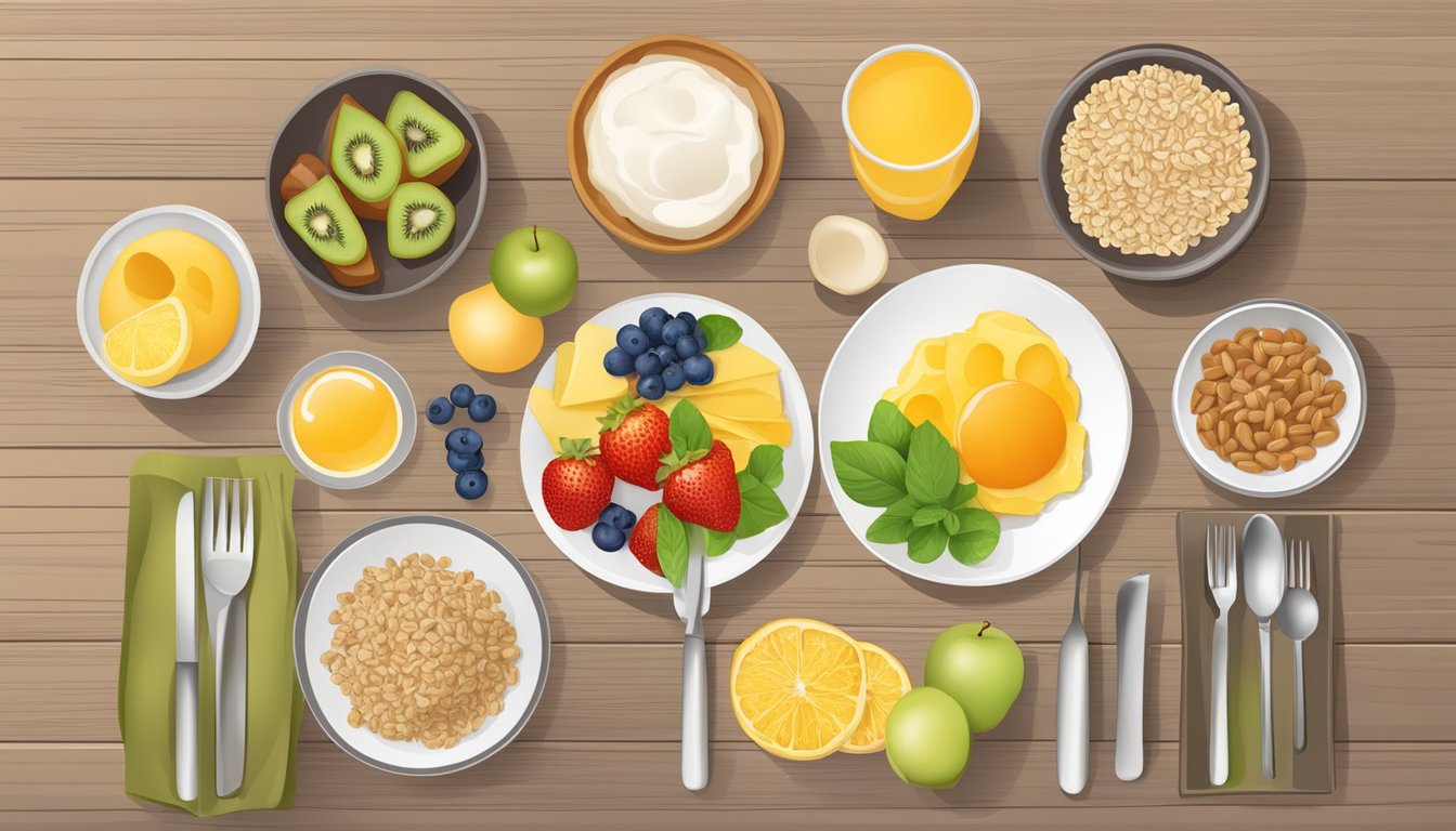 A table set with a balanced breakfast including fruits, whole grains, and protein