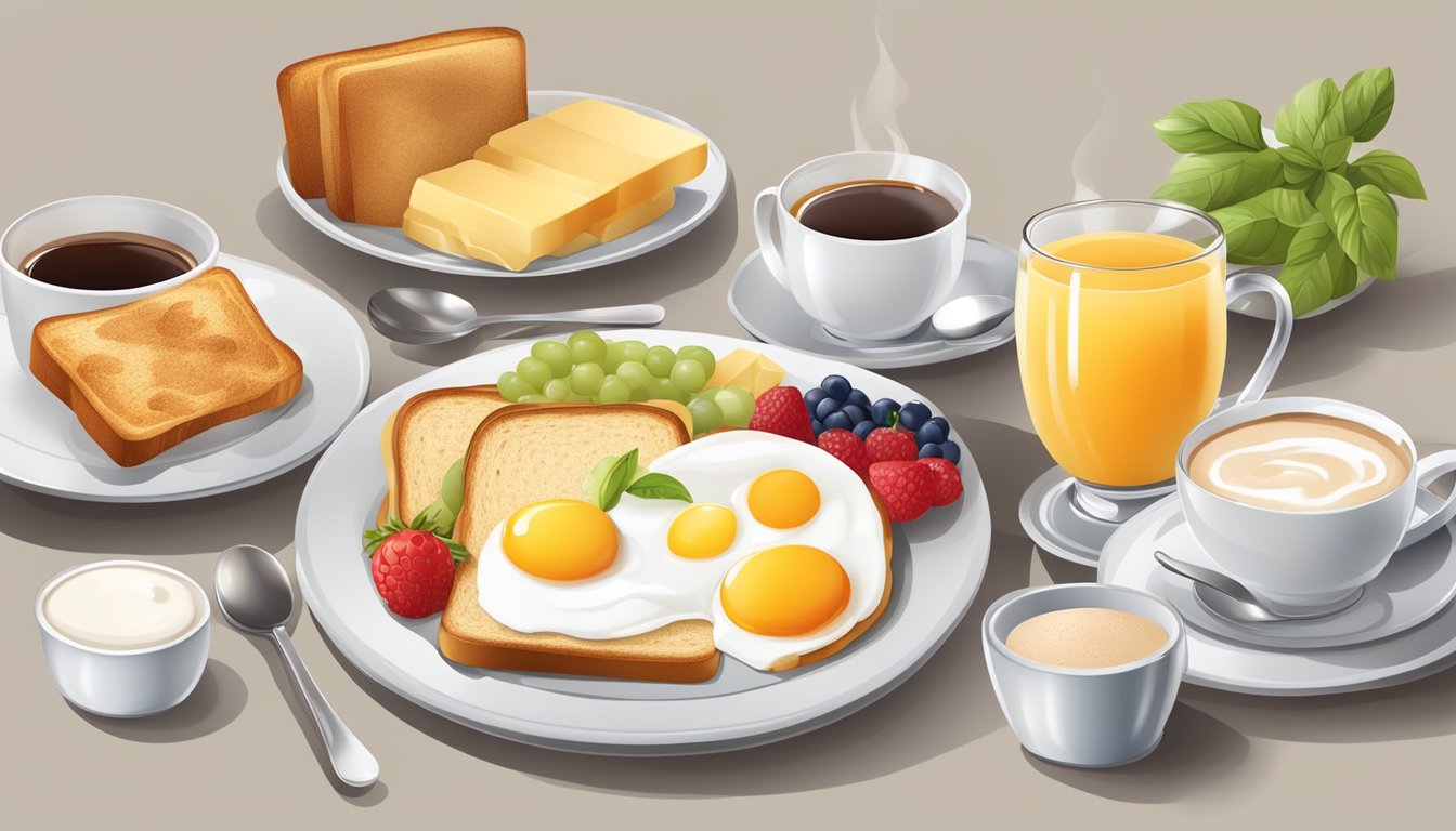 A table set with a variety of breakfast foods, including fruit, eggs, yogurt, and toast, with a cup of coffee or tea on the side