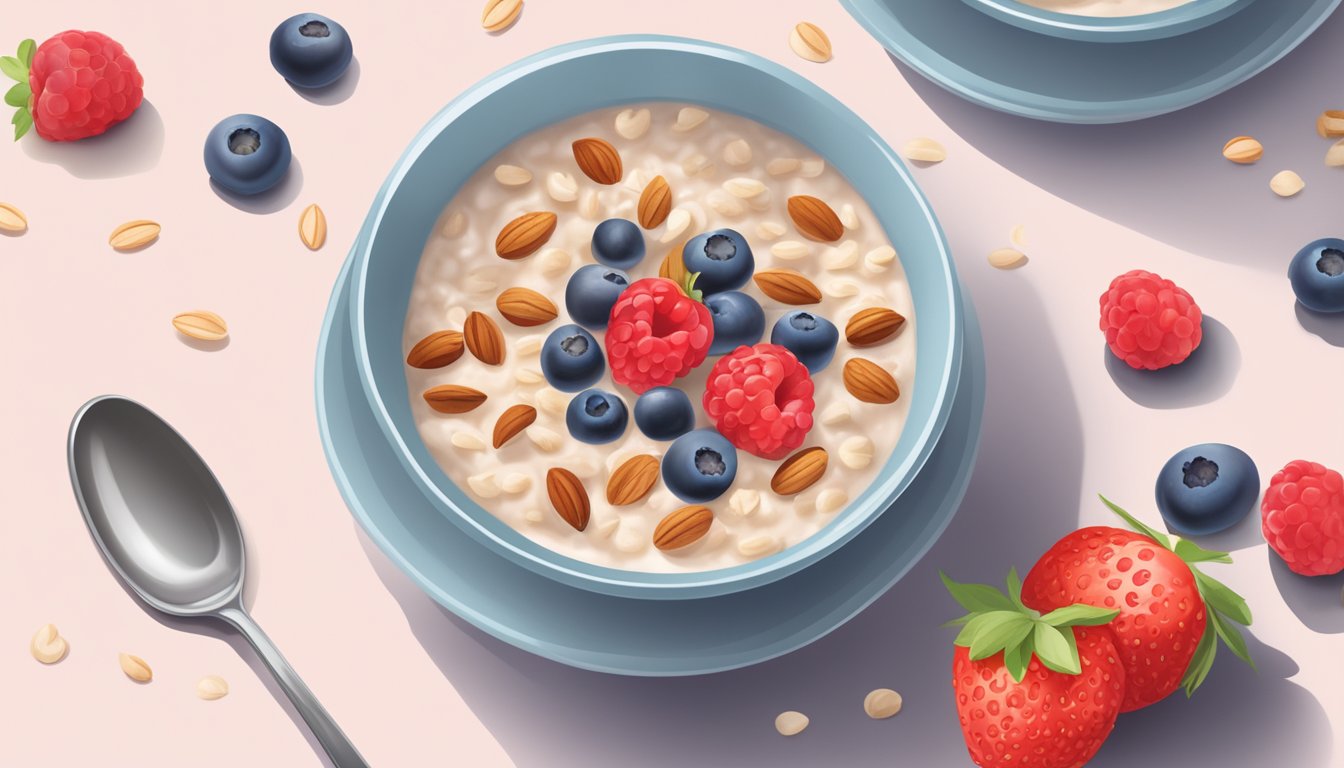 A bowl of oatmeal topped with fresh berries and nuts, accompanied by a glass of unsweetened almond milk