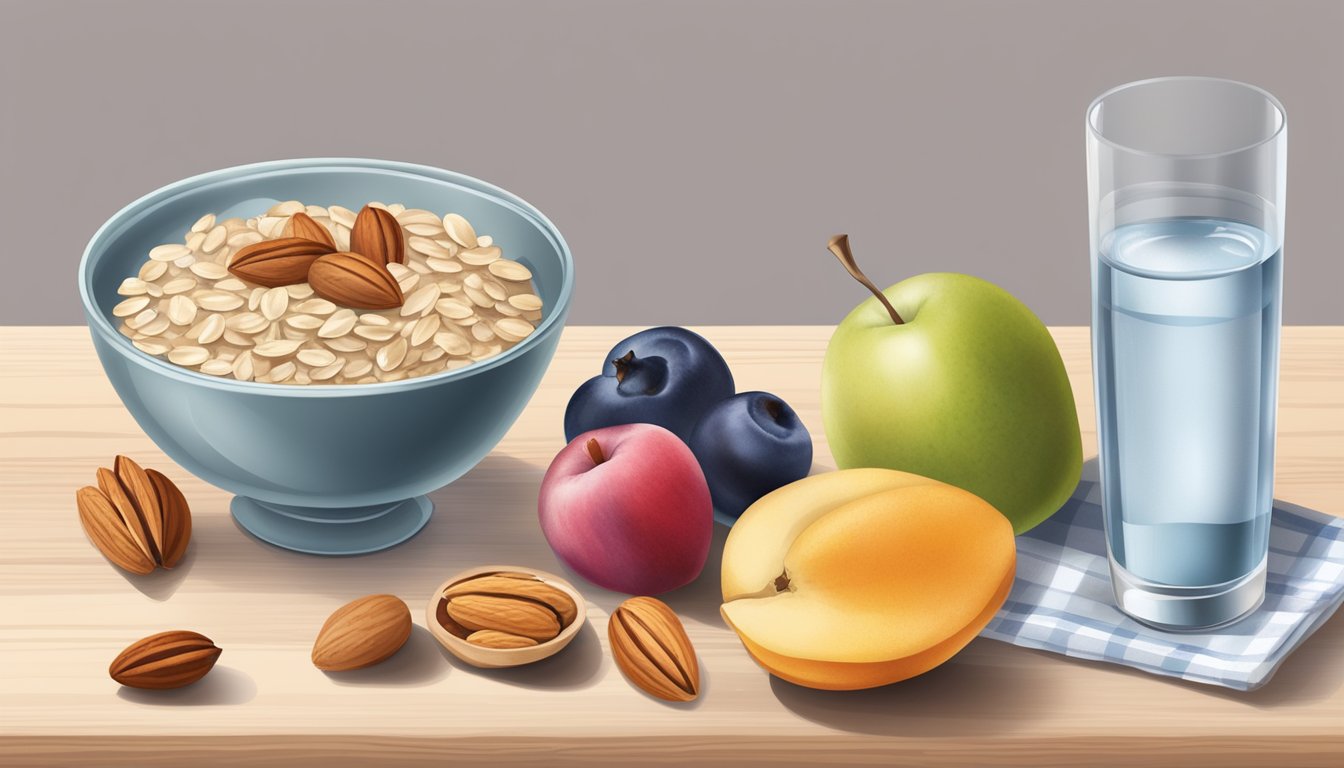 A table set with a bowl of oatmeal, a plate of fresh fruit, a glass of water, and a small dish of nuts and seeds