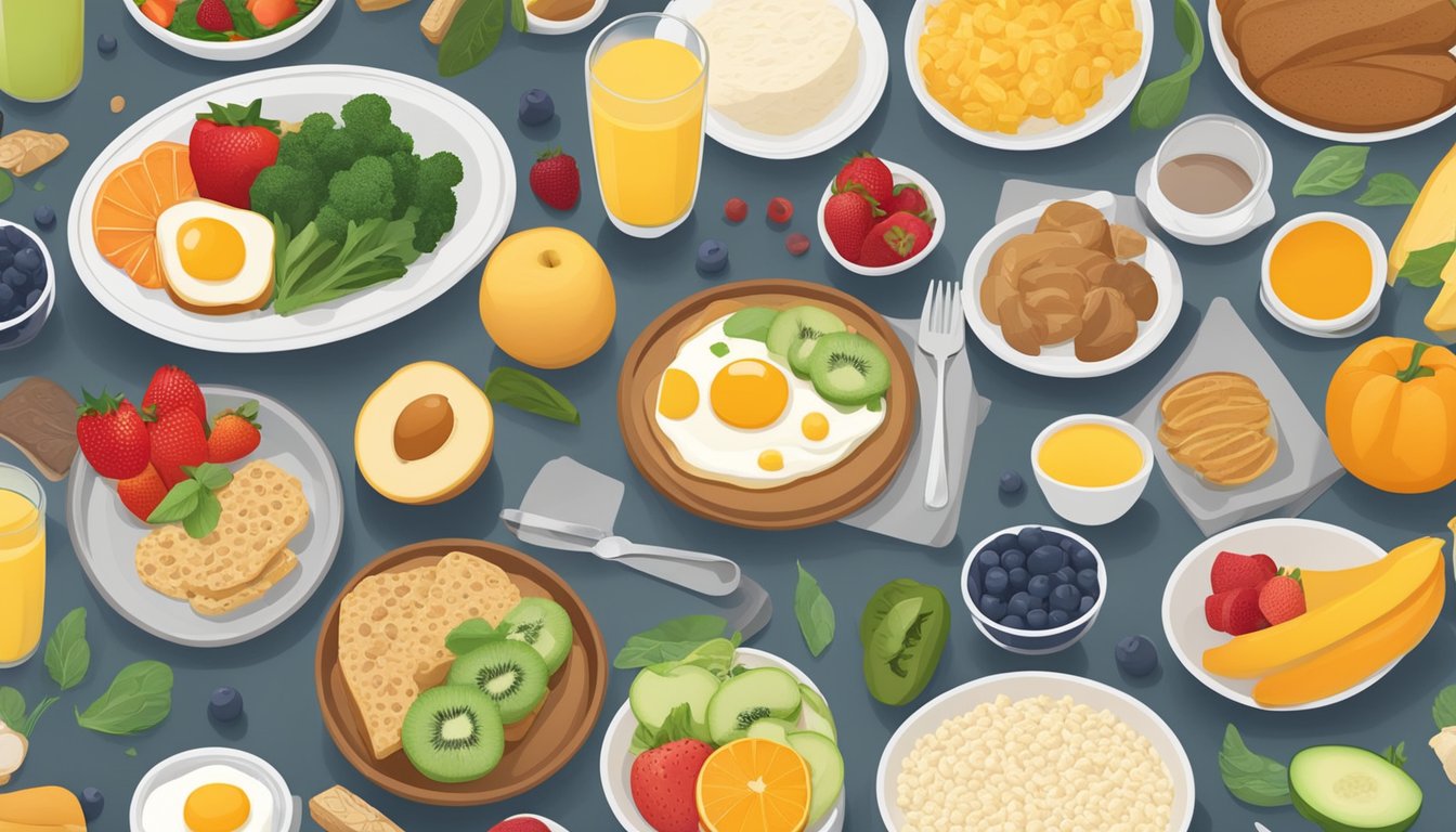 A table set with a variety of breakfast options, including fruits, vegetables, whole grains, and proteins, with portion sizes labeled for different calorie goals