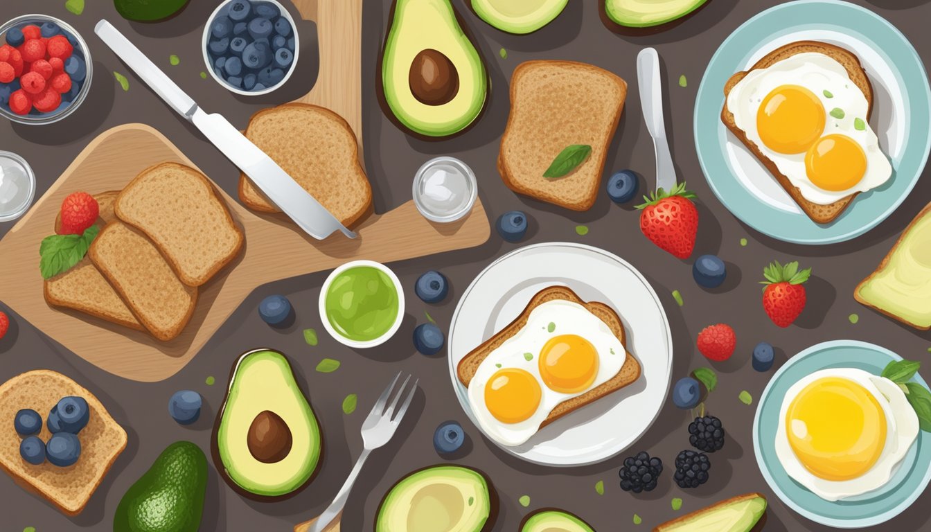 A table set with a balanced breakfast: whole grain toast, avocado, eggs, berries, and a glass of water. No sugary or processed foods in sight