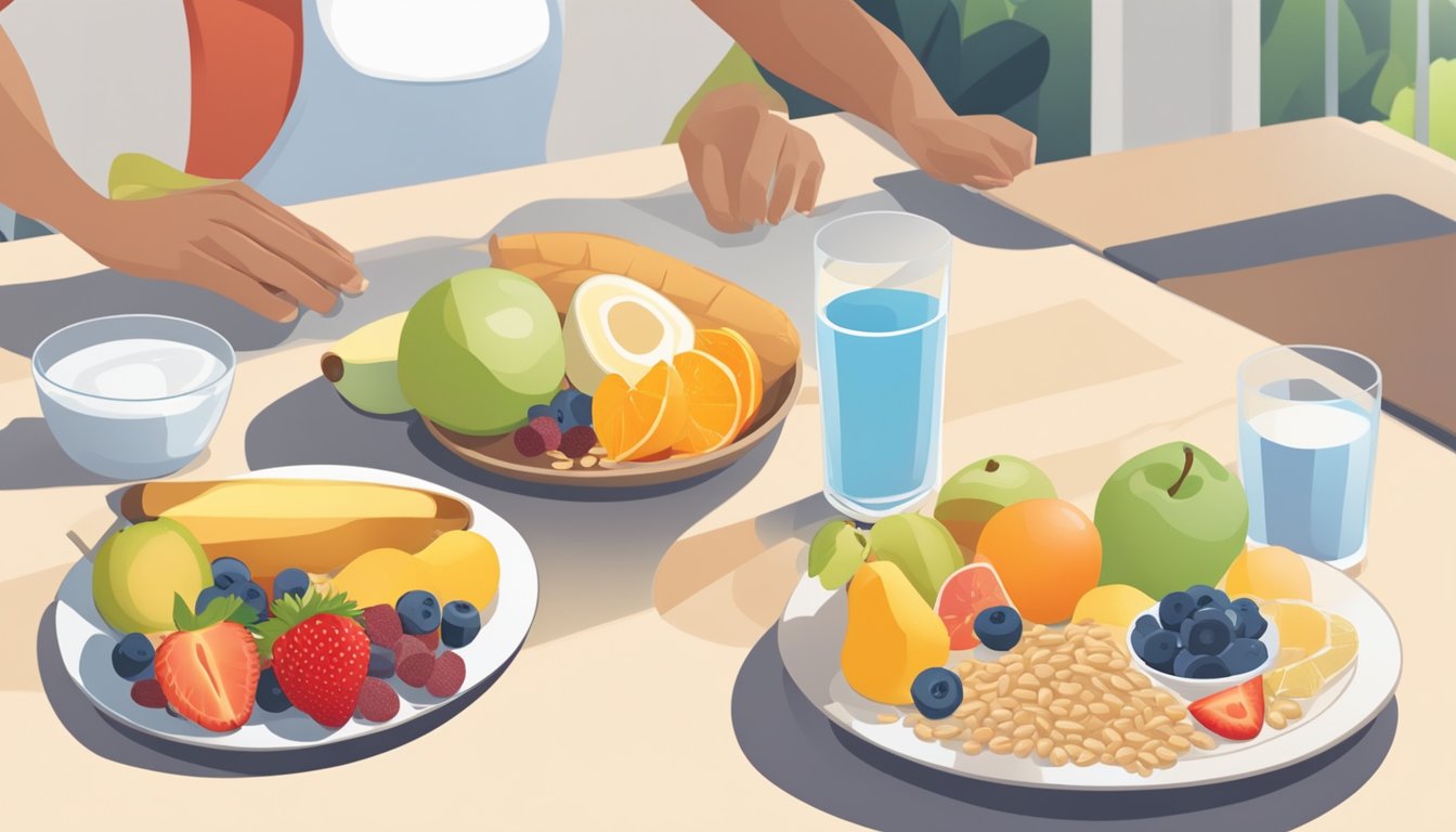 A person jogging past a table with a balanced breakfast of fruits, whole grains, and protein, with a glass of water