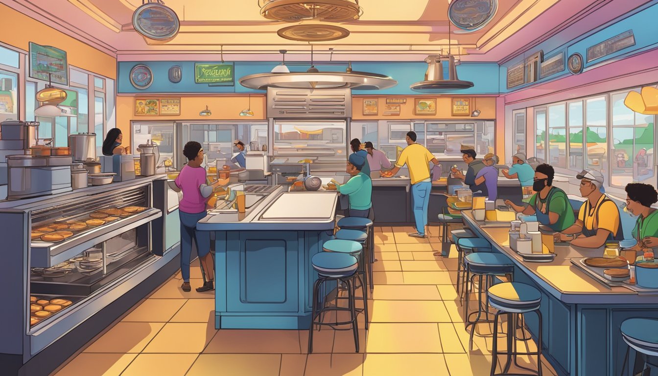 A bustling diner with neon signs, steaming griddles, and a clock set at 7:00. Customers enjoy pancakes and eggs at the counter