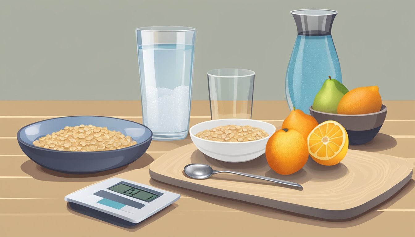 A table set with a bowl of oatmeal, plate of fresh fruit, and a glass of water. A measuring tape and scale sit nearby