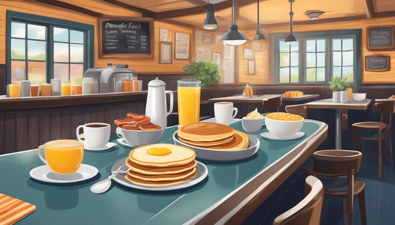 A cozy diner with a chalkboard sign promoting all-day breakfast options, including pancakes, eggs, and bacon. Tables are set with steaming coffee mugs and fresh orange juice