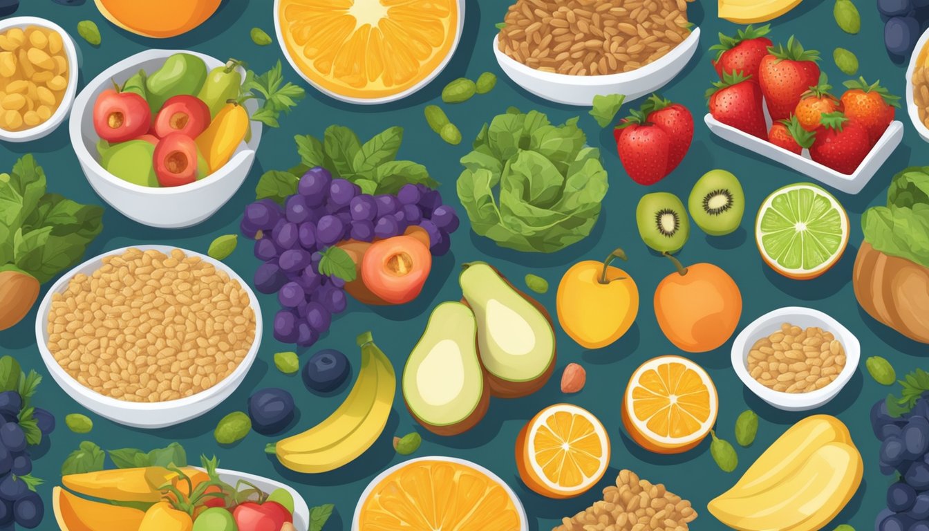 A table set with a colorful array of fruits, vegetables, whole grains, and lean proteins for a balanced and nutritious breakfast