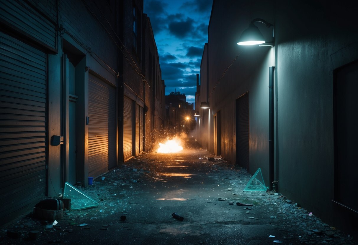 Um sonho de tiros em um beco escuro e deserto, com vidro quebrado e postes de luz piscando lançando sombras estranhas