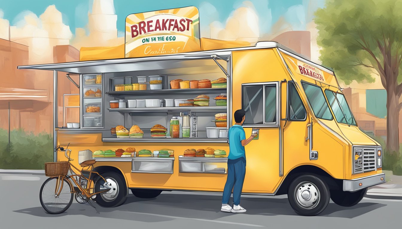 A food truck with a sign reading "Breakfast on the Go" serves customers at all hours of the day