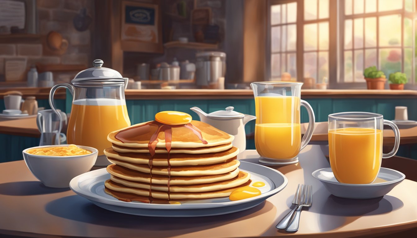 A cozy diner with a warm, inviting atmosphere, serving up classic breakfast dishes like pancakes, eggs, and bacon all day long