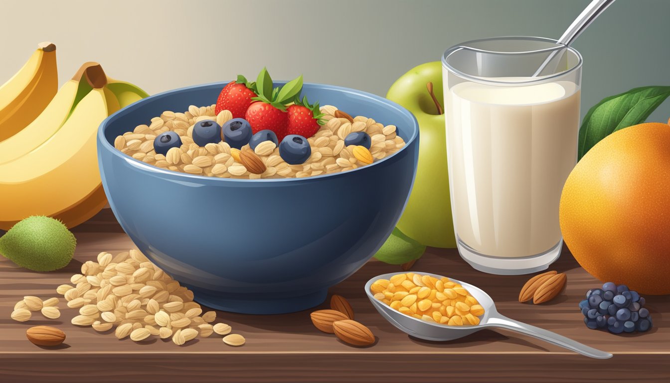 A bowl of whole grain cereal surrounded by fresh fruits and nuts, with a reusable spoon and ethically sourced milk on a wooden table