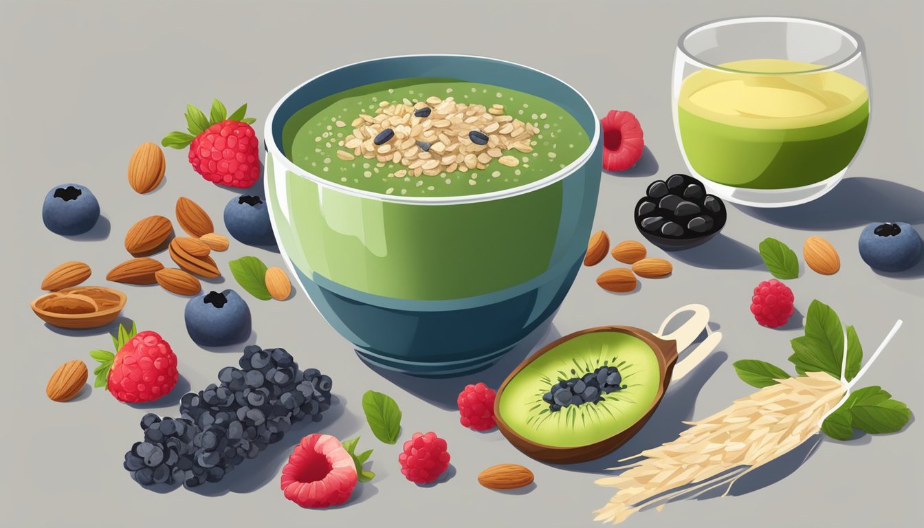 A bowl of oatmeal topped with berries, nuts, and chia seeds sits next to a glass of green smoothie, surrounded by various superfood ingredients