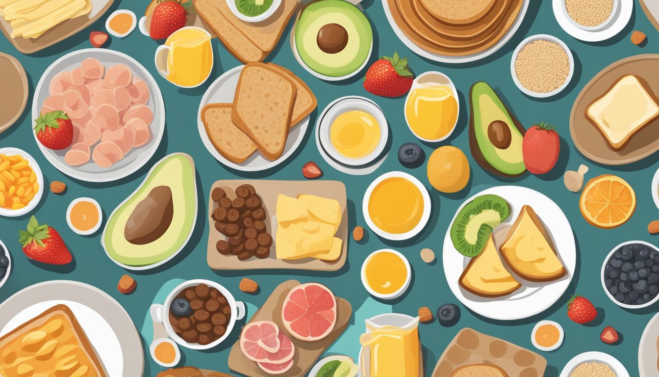 A table with a variety of breakfast foods, including sugary cereals, pastries, and processed meats, contrasted with a bowl of fresh fruit and a plate of whole grain toast and avocado