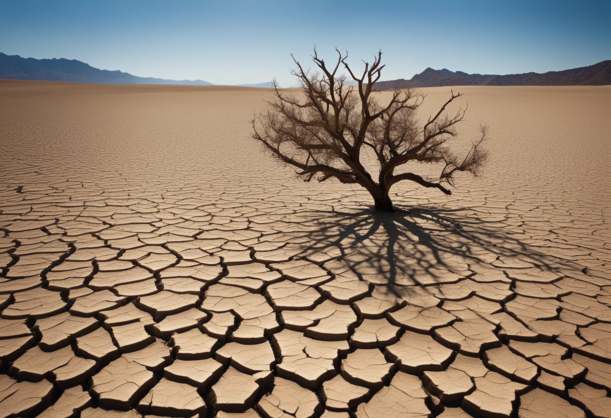 A desert landscape with cracked, parched earth and a withered, leafless tree. The sky is cloudless and the sun beats down relentlessly