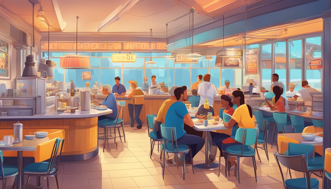 A bustling diner with a neon sign, serving breakfast dishes at all hours. Customers enjoy pancakes, eggs, and coffee at the counter and tables