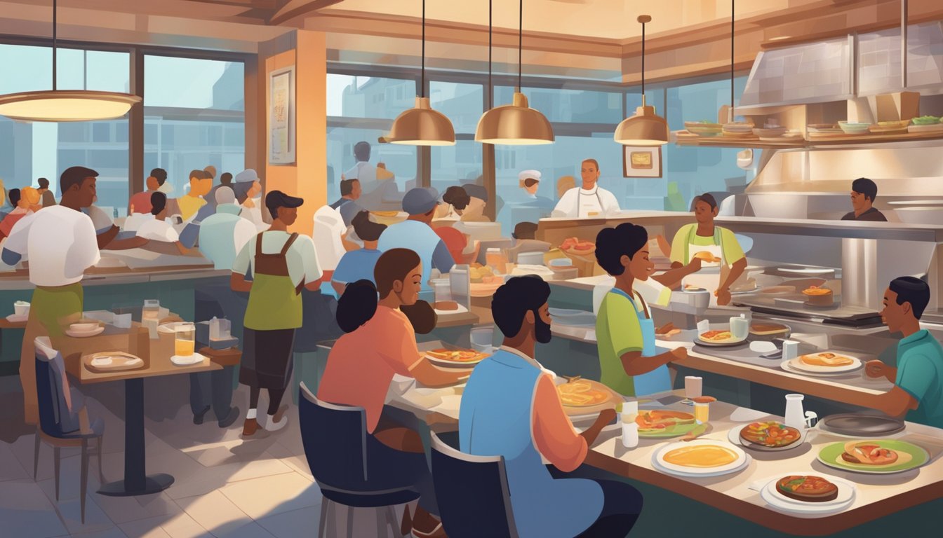 A bustling diner with a chef cooking up a variety of breakfast dishes at all hours of the day. Customers enjoy pancakes, omelets, and avocado toast