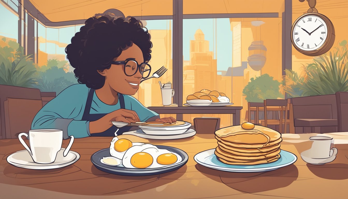 A person enjoying a plate of pancakes and eggs at a restaurant, with a clock showing different times of the day