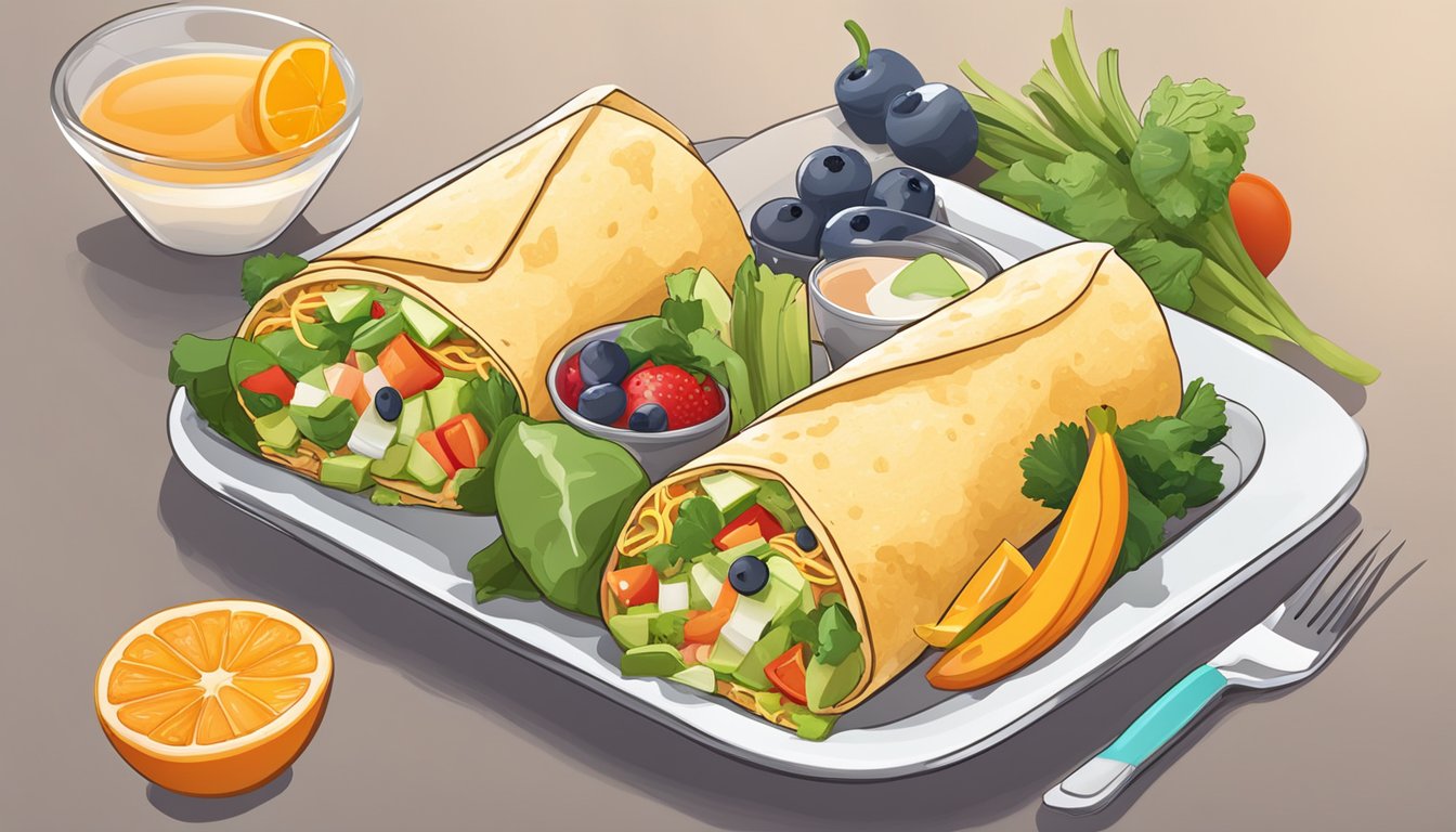 A colorful breakfast burrito surrounded by fresh vegetables and fruits, with a glass of orange juice on the side