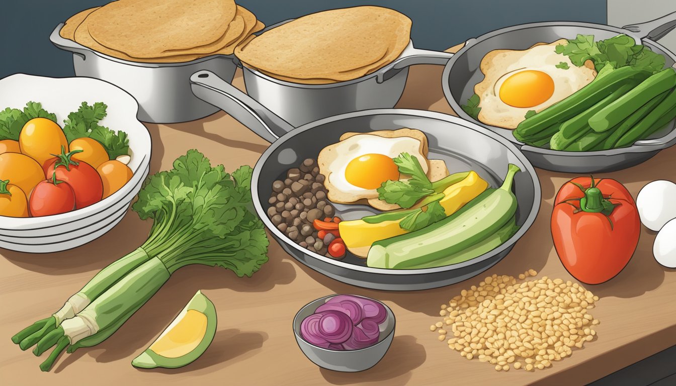 A colorful array of fresh vegetables, eggs, and whole grain tortillas arranged on a kitchen counter, with a steaming skillet in the background