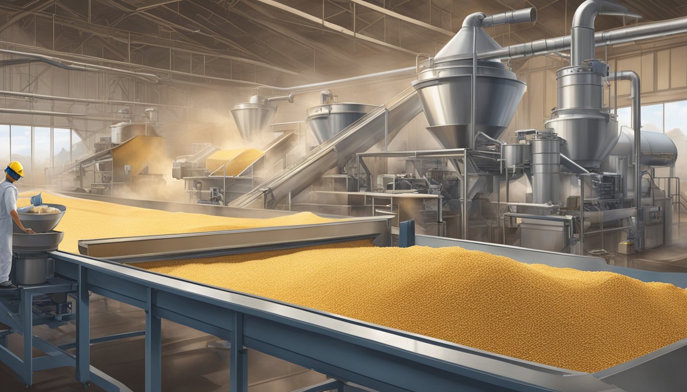 A factory conveyor belt moves grains through various machines, turning them into breakfast cereal. Steam rises from cooking vats, and workers in protective gear oversee the process