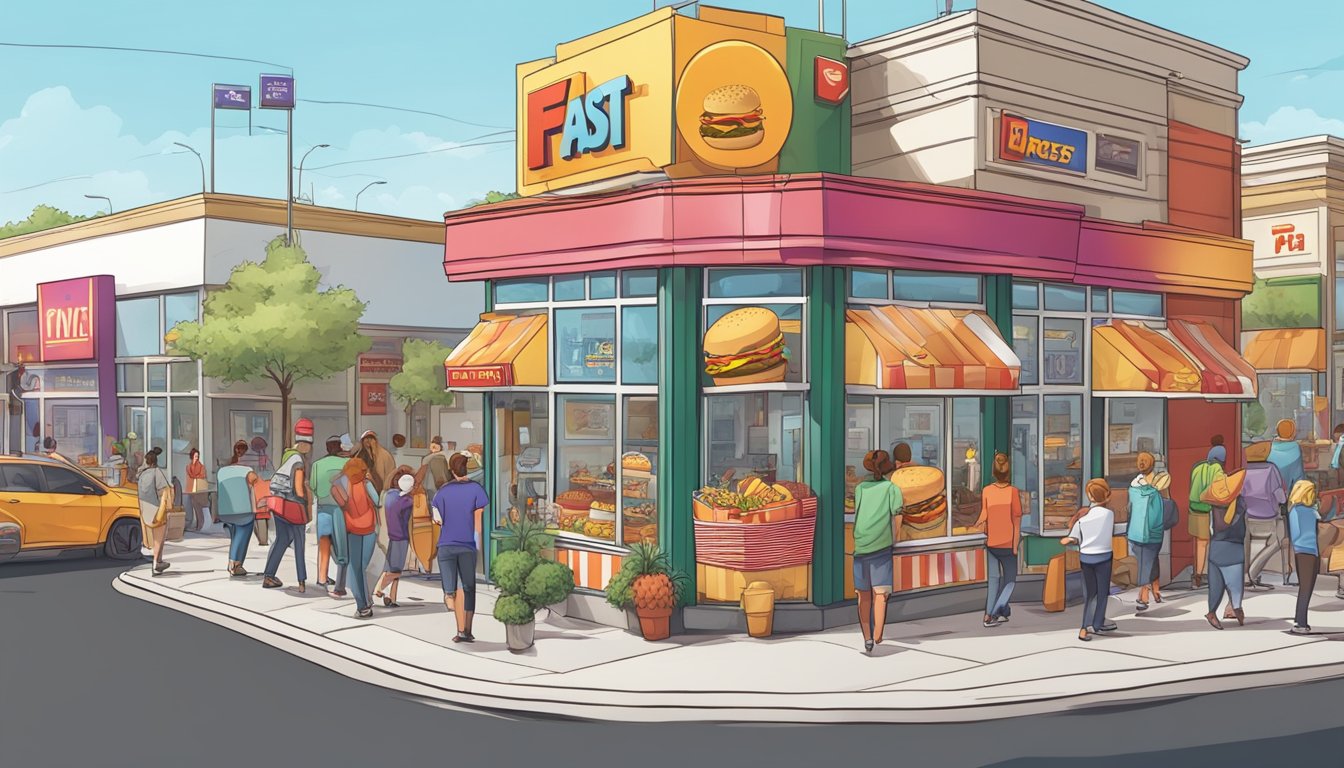 A bustling street corner with colorful signs and logos of popular fast food chains, with people lined up at the drive-thru and walk-up windows